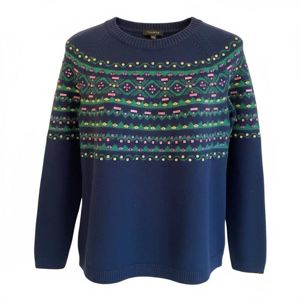 Talbots Petite Beaded Fair Isle Sweater – Size SP – Wool Blend – Holiday Knit